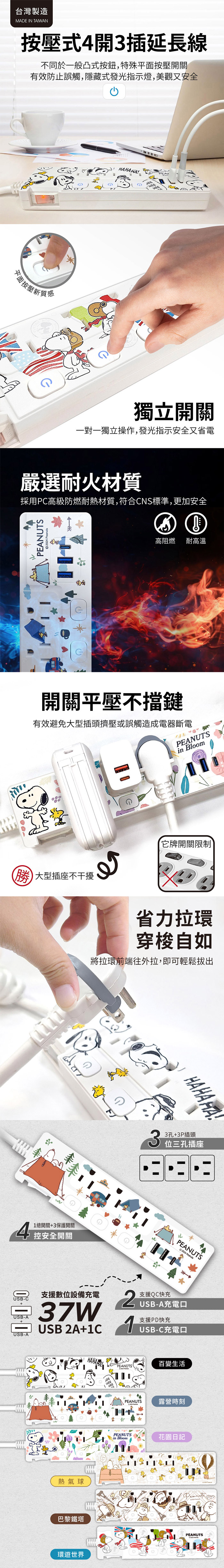 【SNOOPY史努比】37W平貼按壓式4開3插延長線 1.8M 自動斷電