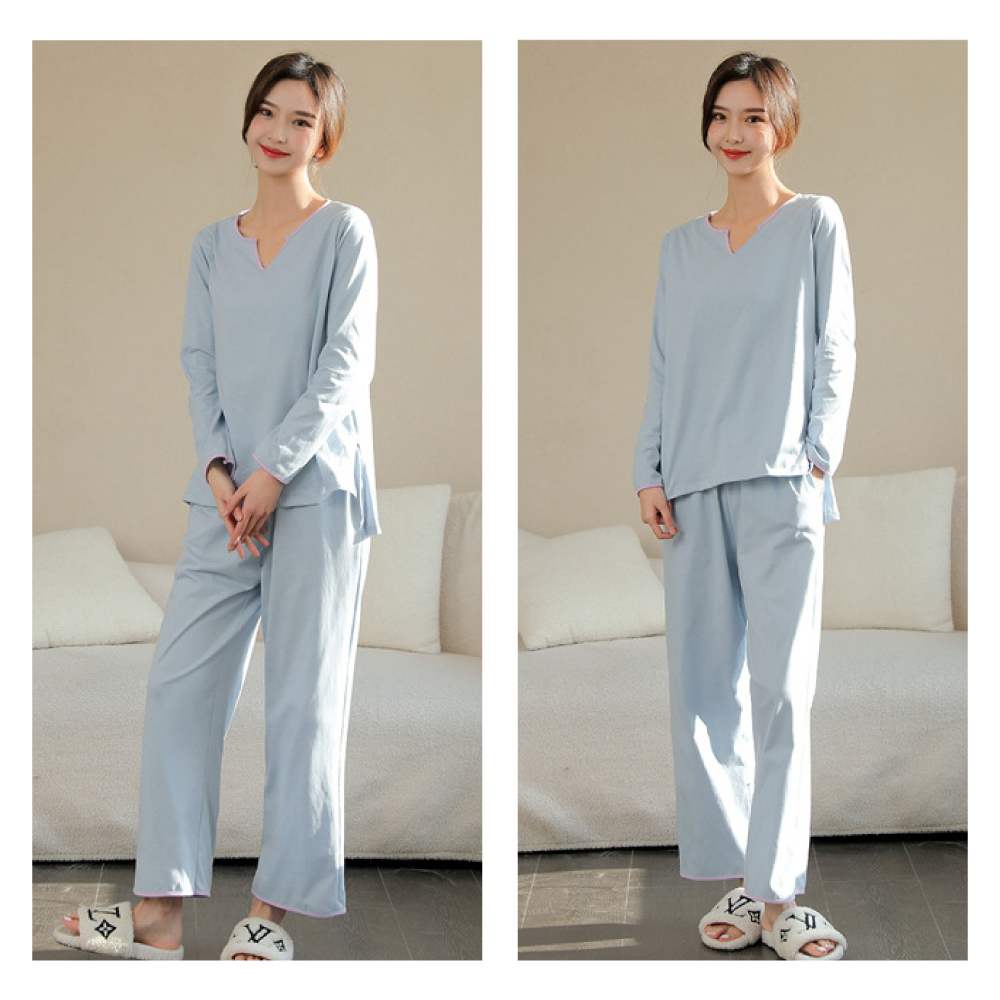 純棉莫蘭迪色系小V領長袖韓版睡衣 3色可選
