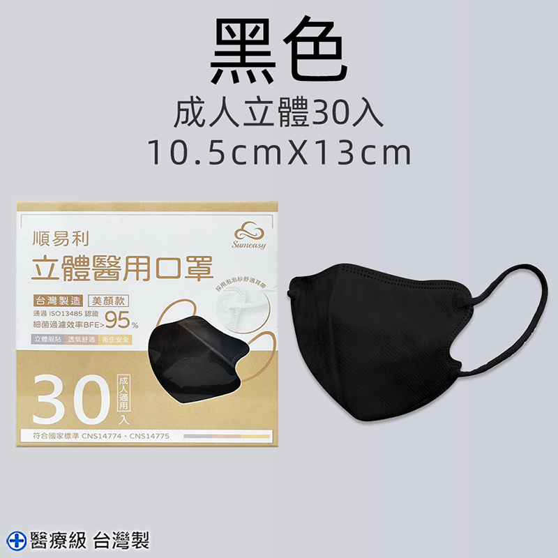 【順易利】3D立體醫療用口罩-美顏成人款(黑/白/奶茶色)任選 質感百搭色