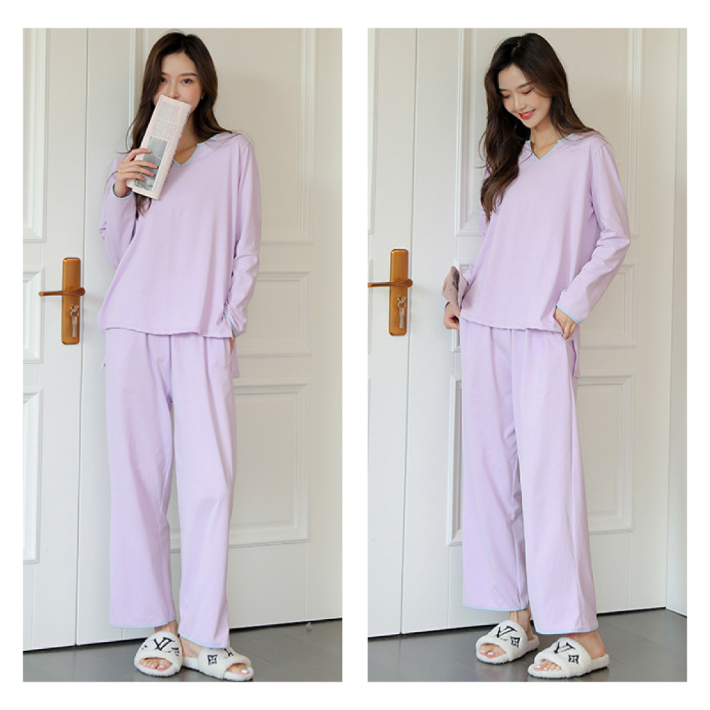 純棉莫蘭迪色系小V領長袖韓版睡衣 3色可選