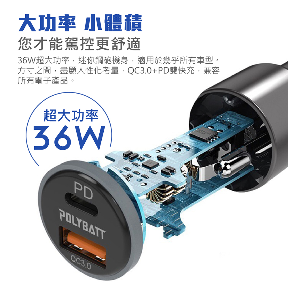 POLYBATTPD+QC3.0車載急速快充頭PC100