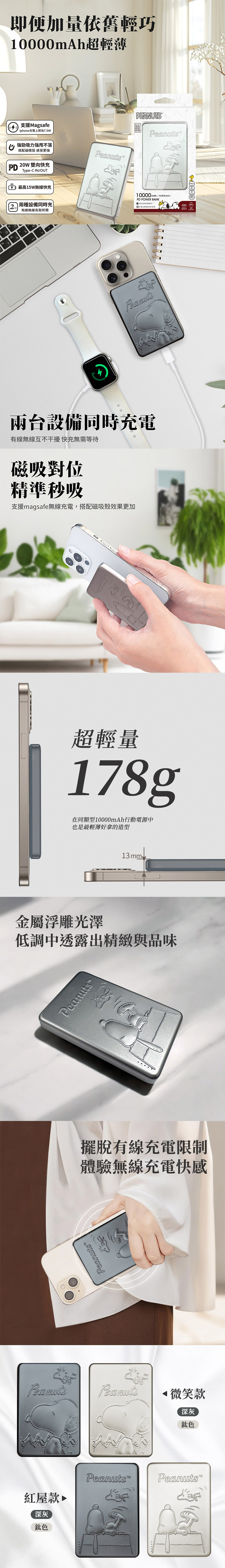 【SNOOPY史努比】浮雕系列 20W PD磁吸無線充行動電源 10000mAh