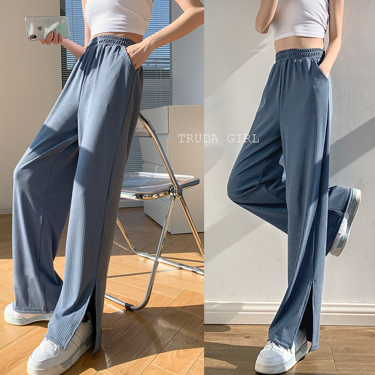 S-XL美腿鬆緊腰開叉坑條闊腿褲 寬褲 休閒褲