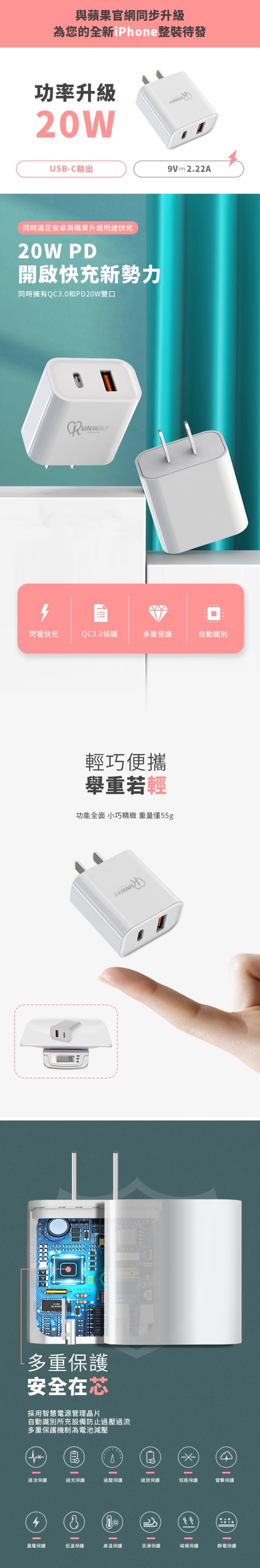 Runway20W iPhone 快速充電組【充電頭+充電線】 PD快充+QC