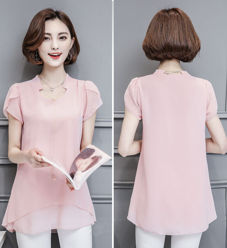 大碼荷葉袖顯瘦修身雪紡上衣 XL-3XL