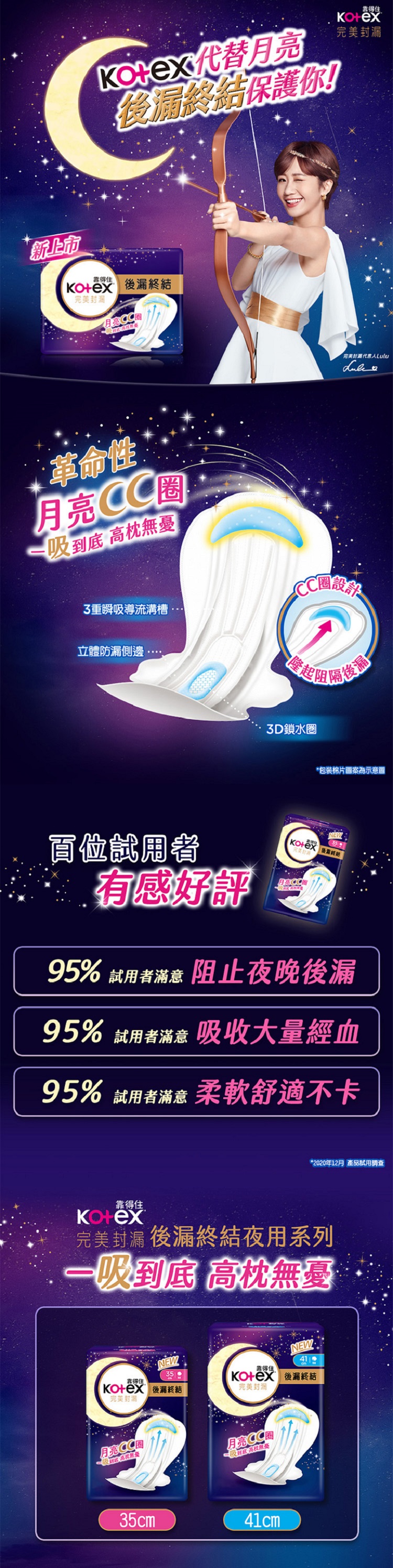 【Kotex靠得住】完美封漏後漏終結 夜用衛生棉 35/41cm(月亮CC圈)