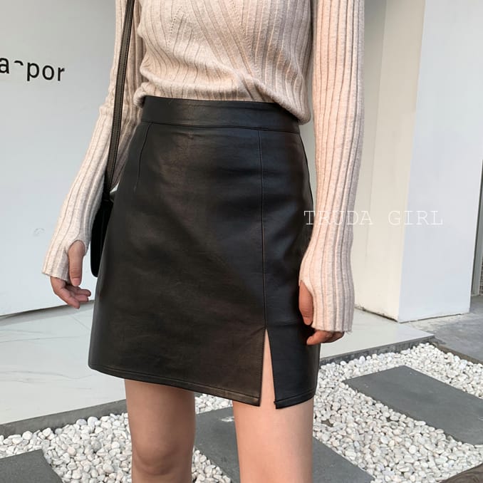 秋冬質感霧面防走光開叉皮裙(S-XL) 內有安全褲設計