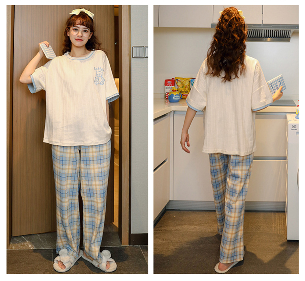 純棉圓領舒適寬鬆短袖睡衣褲組 居家服 家居服 M-2XL 大尺碼睡衣