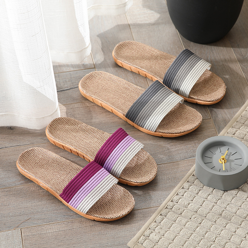 日式防滑亞麻條紋透氣拖鞋 室內拖鞋