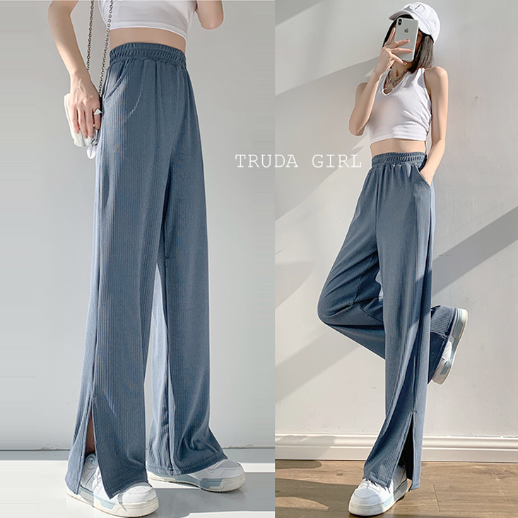 S-XL美腿鬆緊腰開叉坑條闊腿褲 寬褲 休閒褲