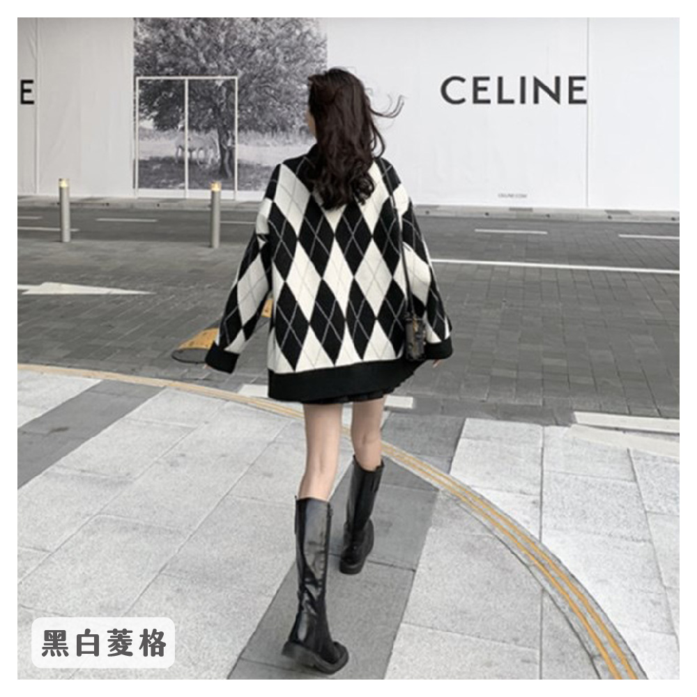 日系風菱格寬鬆針織外套 4色可選