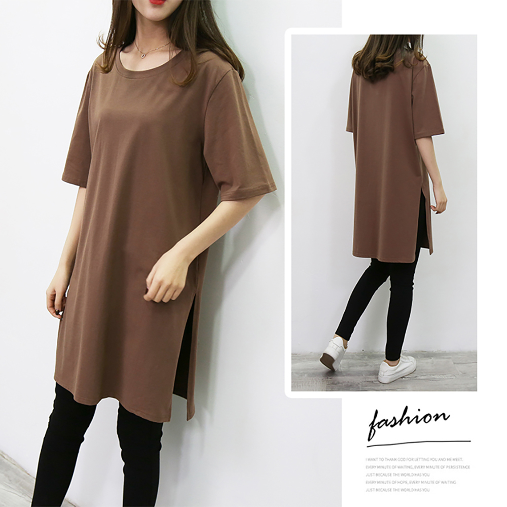 圓領百搭長版開衩上衣 4色 均碼
