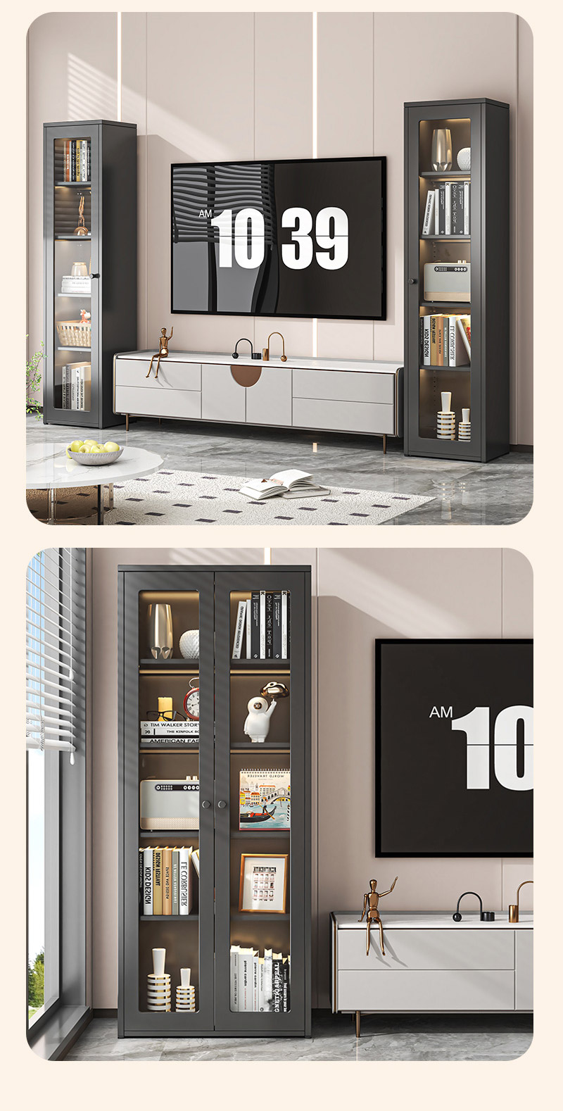 全碳鋼超耐重現代簡約收納櫃展示櫃書櫃 鐵藝收納櫃 儲物櫃 鋼化玻璃櫃門