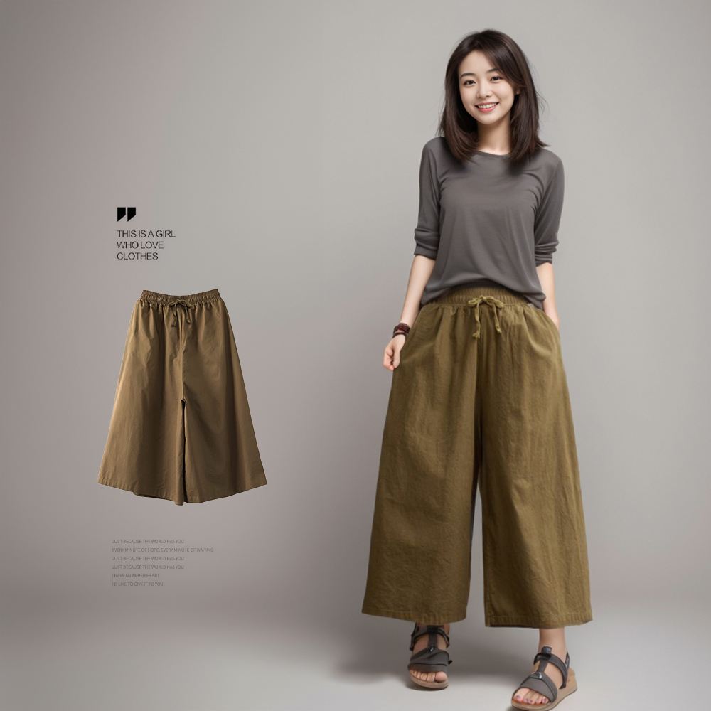 日韓文青鬆緊腰修身顯瘦八分棉麻褲裙 寬褲 6色 涼感透氣