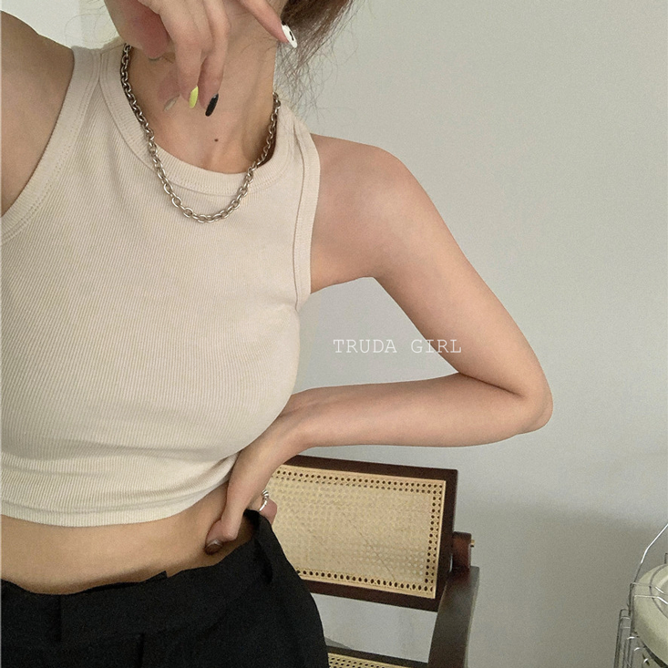 大尺碼S-XL免穿bra胸墊款螺紋削肩背心 可外穿可內搭