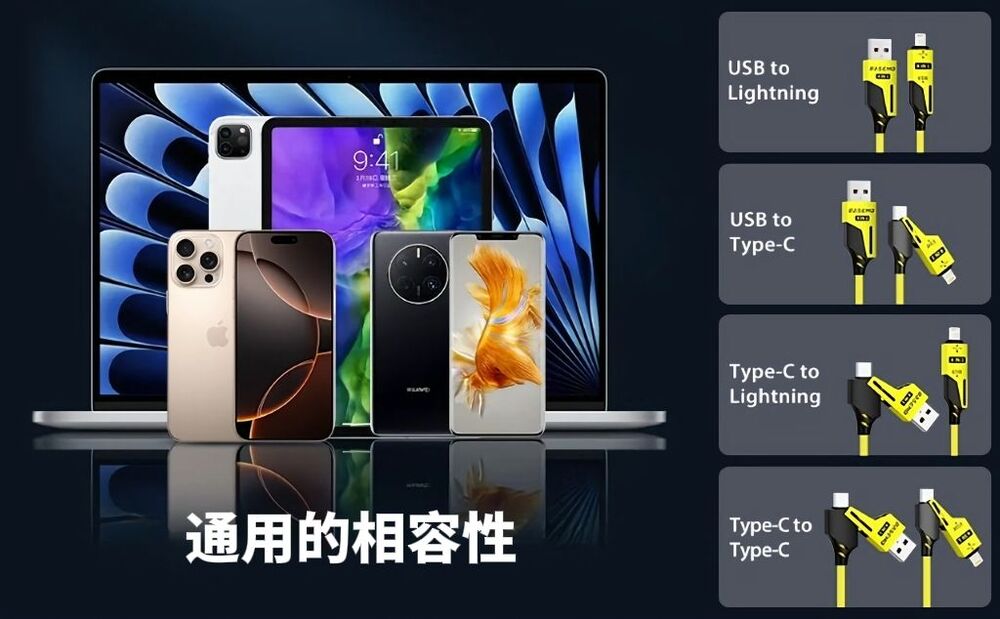 65W機械彈簧四合一充電傳輸線 USB/Lightning/Type-C