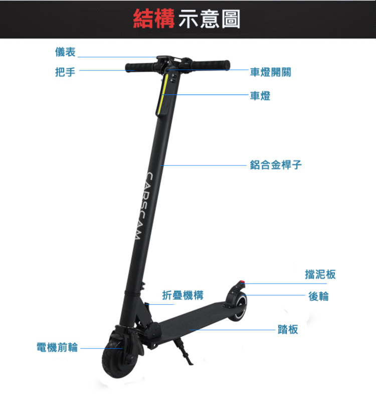 【CARSCAM】LED大燈鋁合金超輕量折疊電動滑板車F1