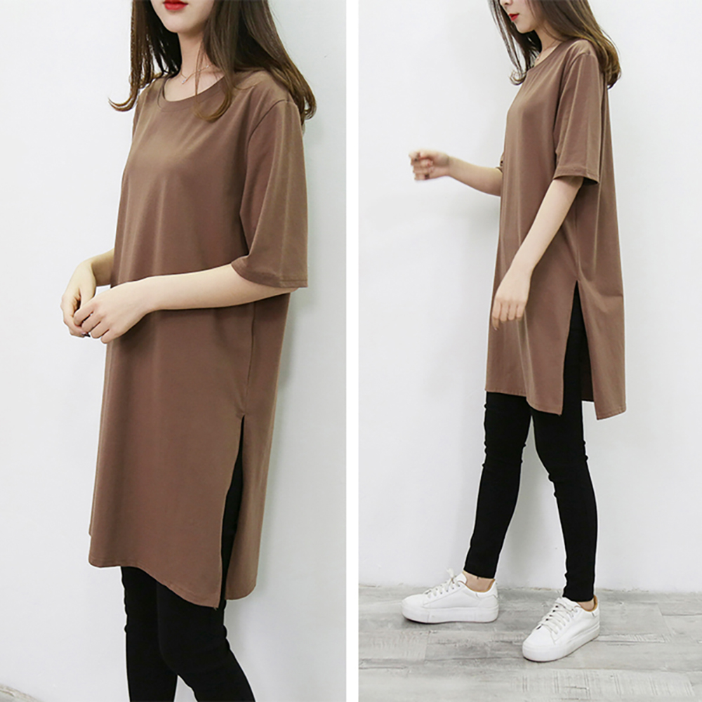 圓領百搭長版開衩上衣 4色 均碼