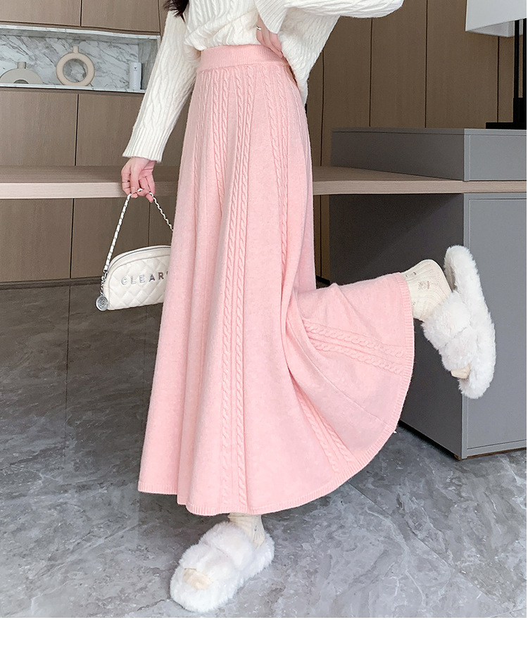 麻花針織毛線半身裙中長款大擺傘裙 (四色任選)