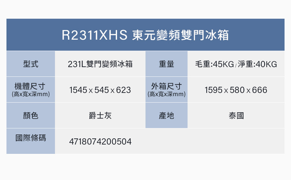【TECO 東元】231公升一級能效變頻右開雙門冰箱 含拆箱定位R2311XHS