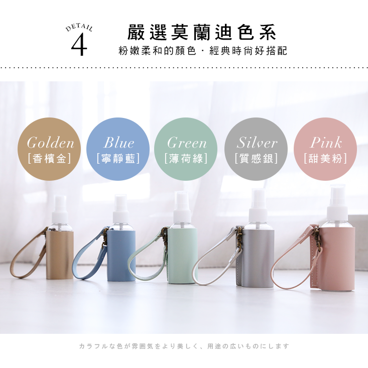 隨身酒精噴霧瓶+便攜皮革掛繩套 (香檳金/寧靜藍/薄荷綠/質感銀/甜美粉)
