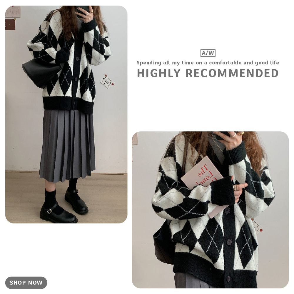 日系風菱格寬鬆針織外套 4色可選