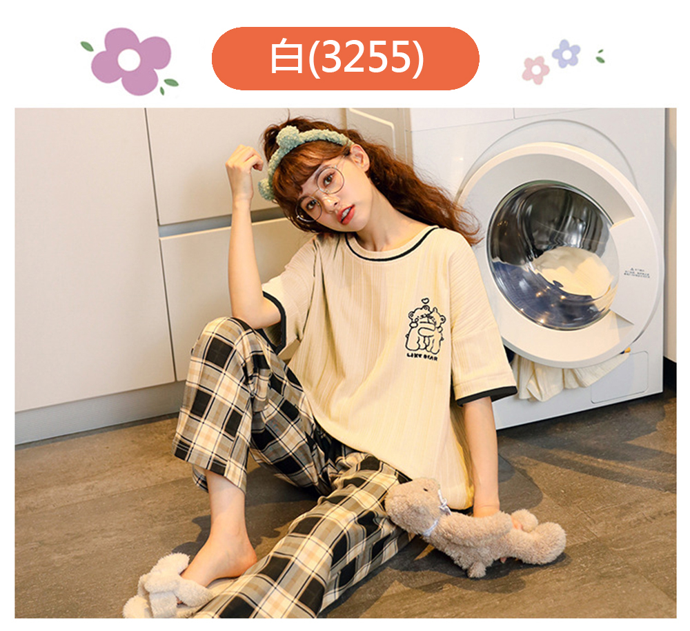 純棉圓領舒適寬鬆短袖睡衣褲組 居家服 家居服 M-2XL 大尺碼睡衣