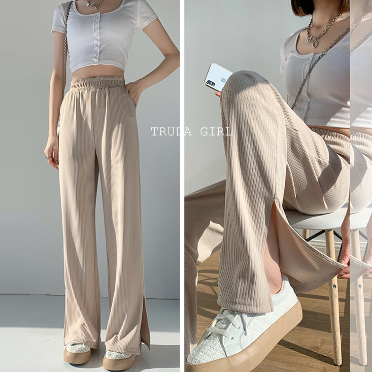 S-XL美腿鬆緊腰開叉坑條闊腿褲 寬褲 休閒褲