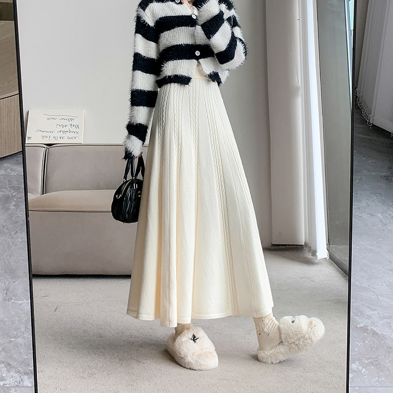 麻花針織毛線半身裙中長款大擺傘裙 (四色任選)