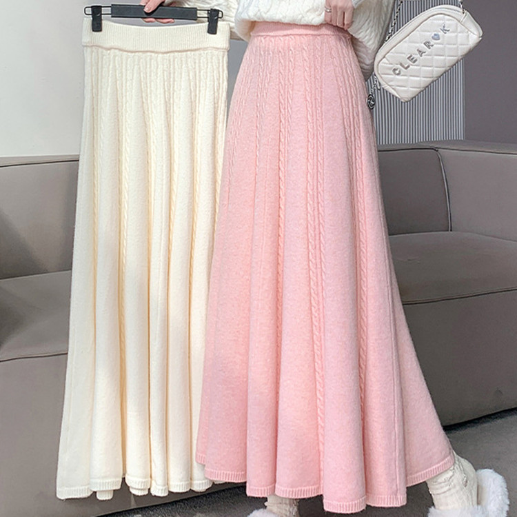 麻花針織毛線半身裙中長款大擺傘裙 (四色任選)