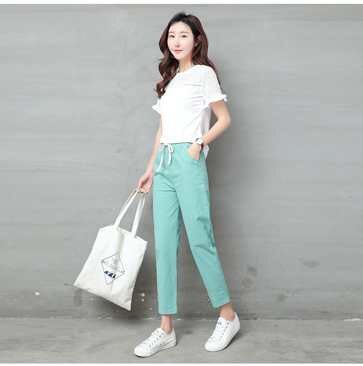 高腰顯瘦寬鬆亞麻九分哈倫休閒褲 女褲 多色任選 M-2XL