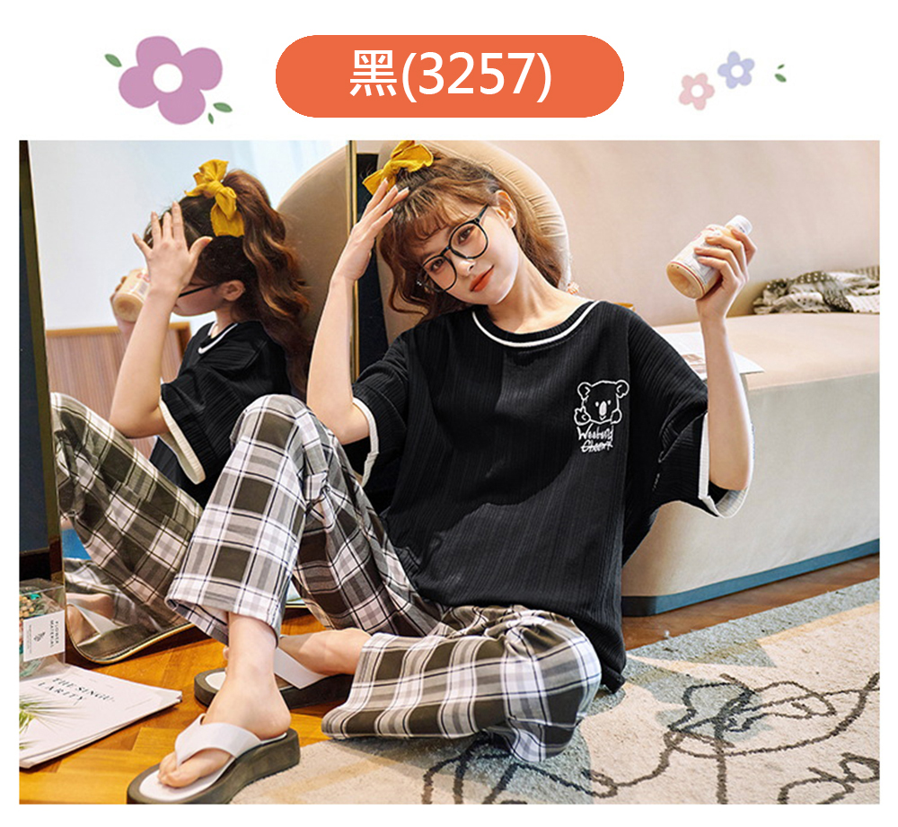 純棉圓領舒適寬鬆短袖睡衣褲組 居家服 家居服 M-2XL 大尺碼睡衣