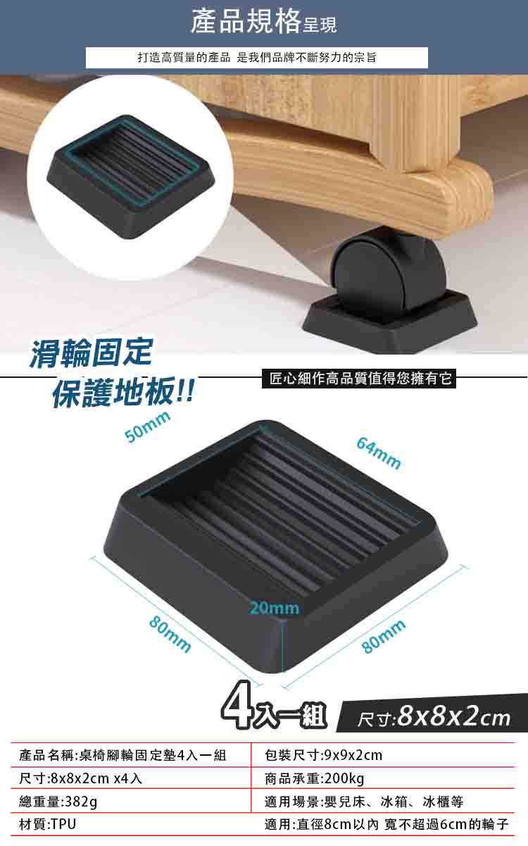 靜音耐磨輪子防滑墊(4入/盒) 座椅滾輪固定 滑輪止滑墊 桌椅腳墊