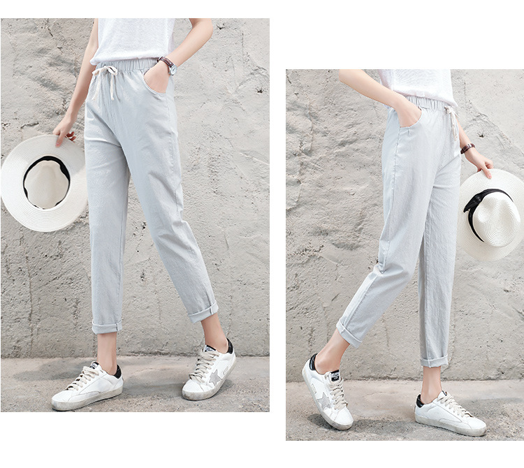 高腰顯瘦寬鬆亞麻九分哈倫休閒褲 女褲 多色任選 M-2XL