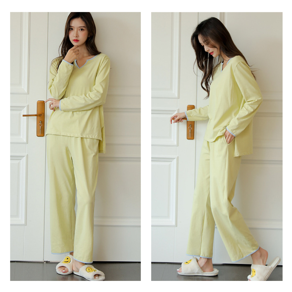 純棉莫蘭迪色系小V領長袖韓版睡衣 3色可選