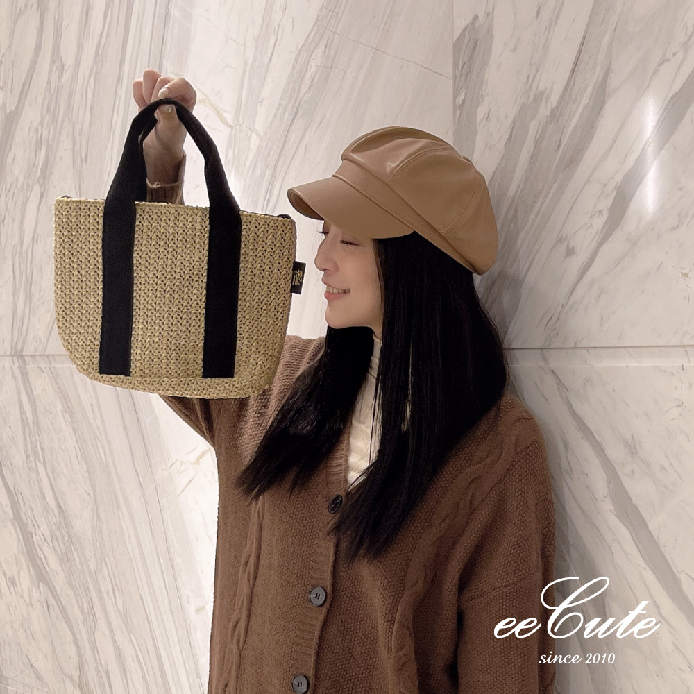eeCute日系風小清新編織手提包(杏色) 小包大容量 束口
