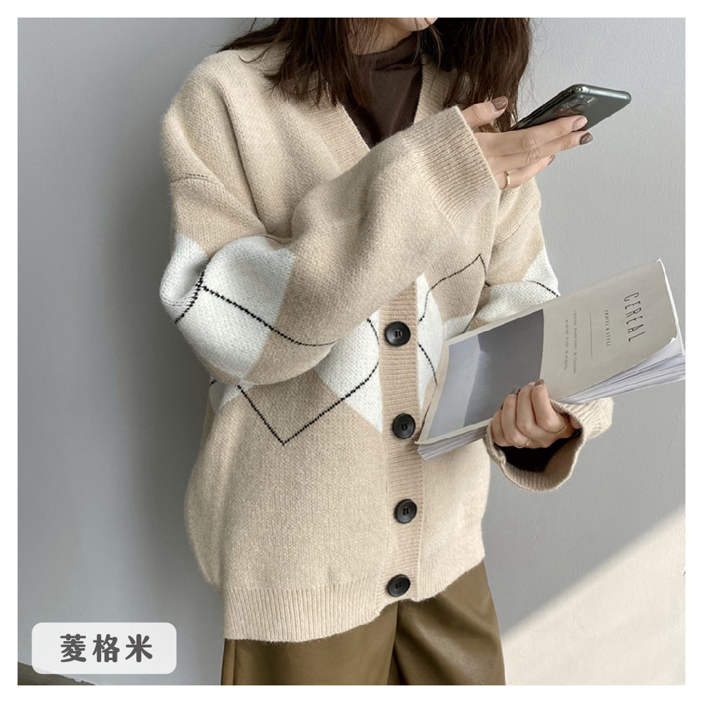 日系風菱格寬鬆針織外套 4色可選
