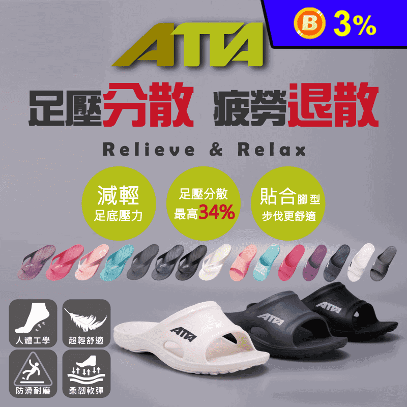 【ATTA】台灣製足底均壓支撐 扁平足推薦 EVA減壓防水止滑拖鞋