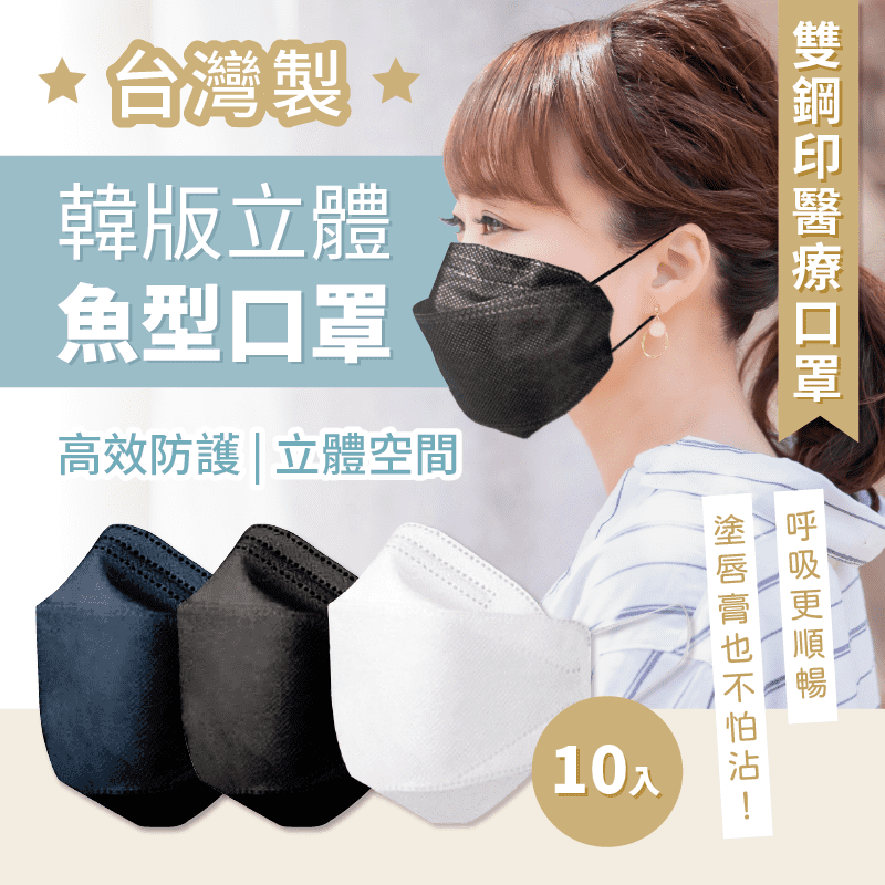 【艾爾絲】台灣製3D全包覆魚型口罩 醫用口罩 醫療口罩 黑色/牛仔藍/灰白