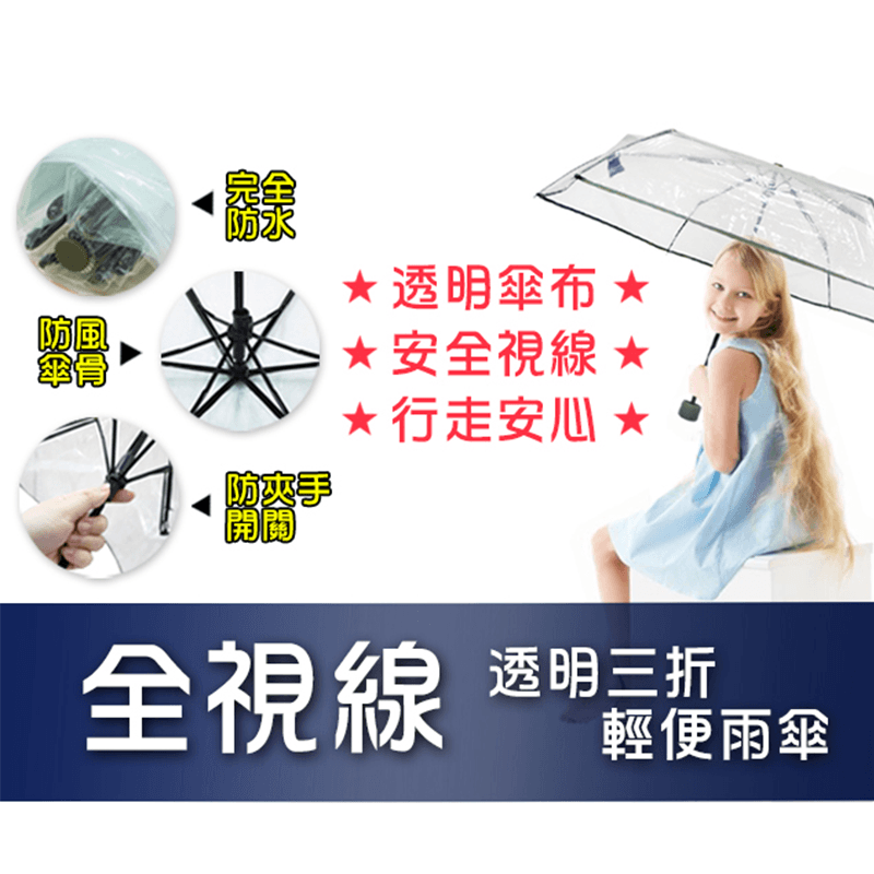 全視線透明三折輕便雨傘,限時破盤再打82折!