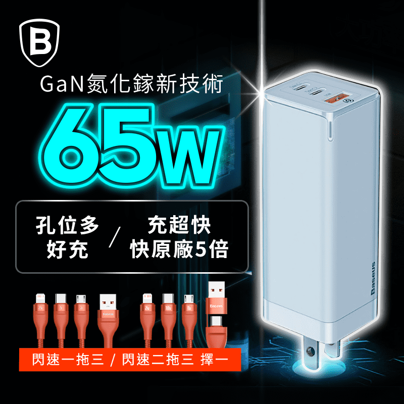 【BASEUS】倍思迷你65W GaN氮化鎵3孔快充充電頭/充電器