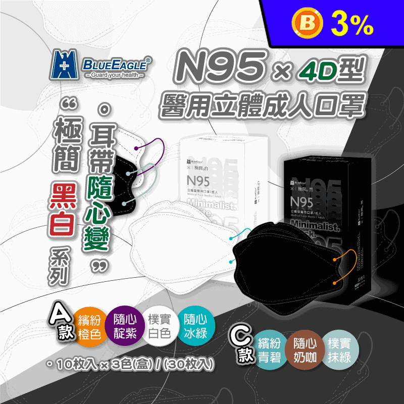 【藍鷹牌】N95醫用4D立體型成人口罩 極簡系列 30片/盒 (4款任選)