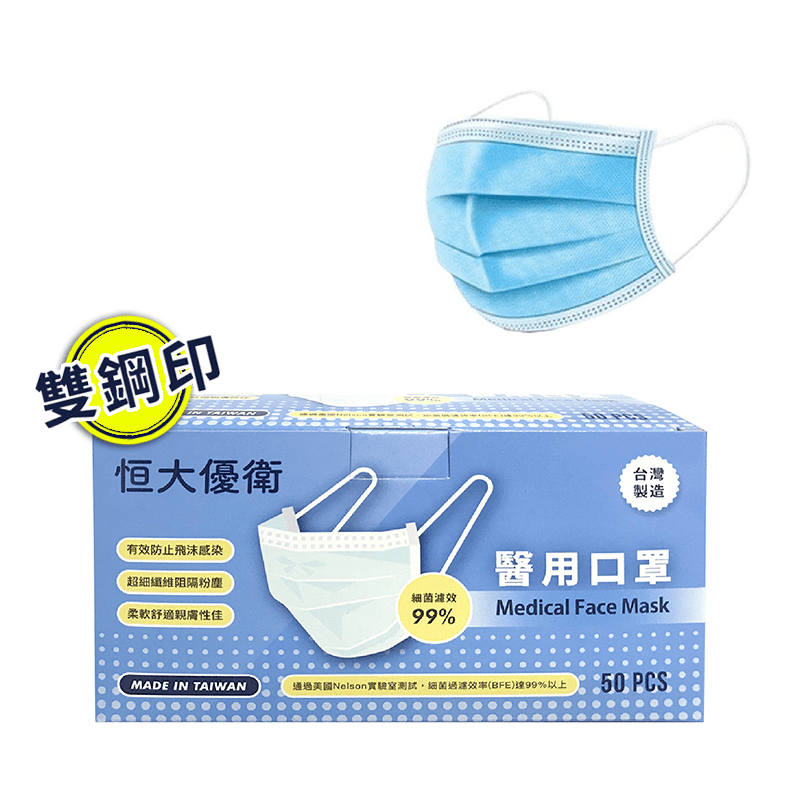 【恒大優衛】成人醫用口罩-藍色 雙鋼印(50入X2盒)