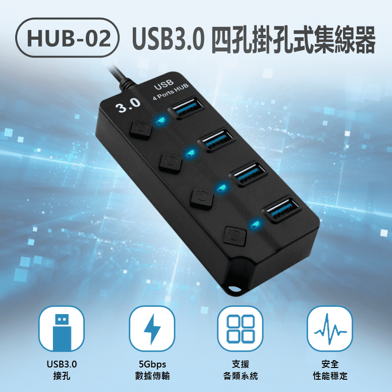 HUB-02 USB 3.0 四孔掛孔式 Mac/Windows通用 集線器