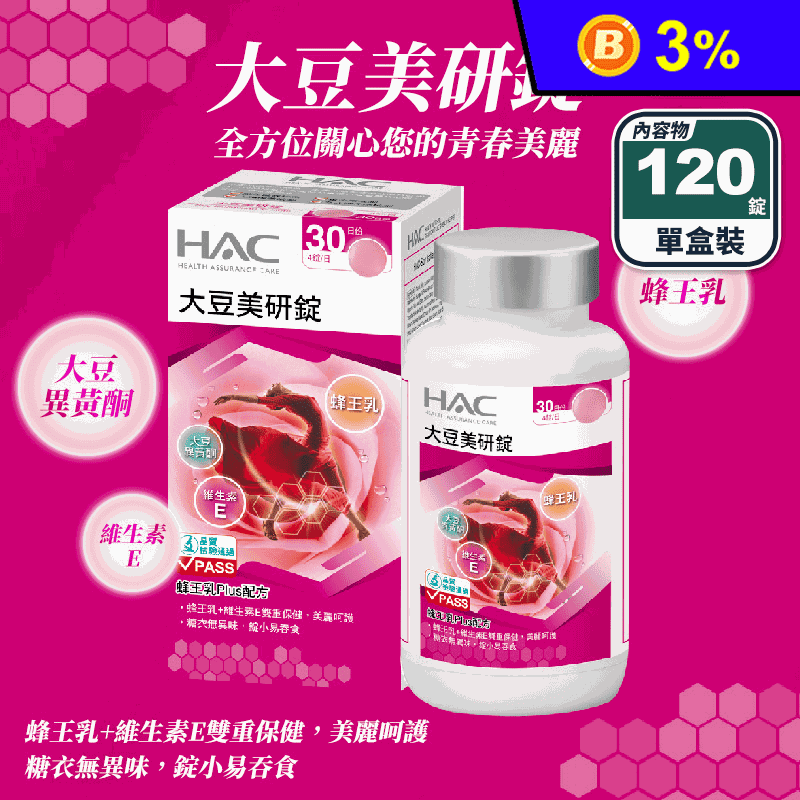 【永信HAC】大豆美研錠(120錠/瓶) 40%大豆異黃酮 蜂王乳 維生素E