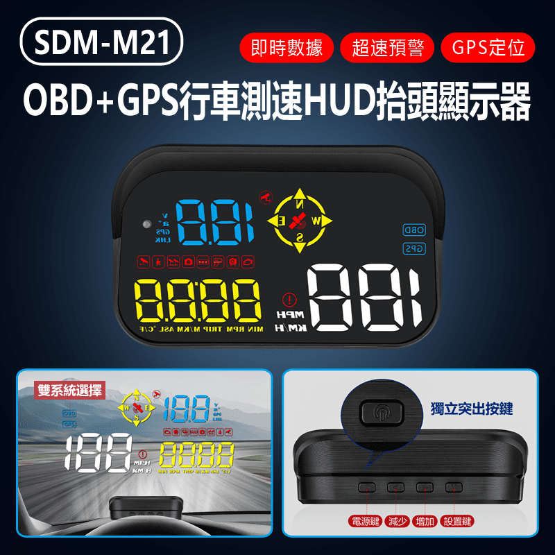 SDM-M21 OBD+GPS行車測速HUD抬頭顯示器