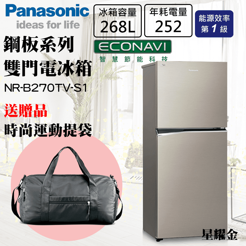 【Panasonic國際牌】NR-B270TV-S1 268L變頻雙門電冰箱