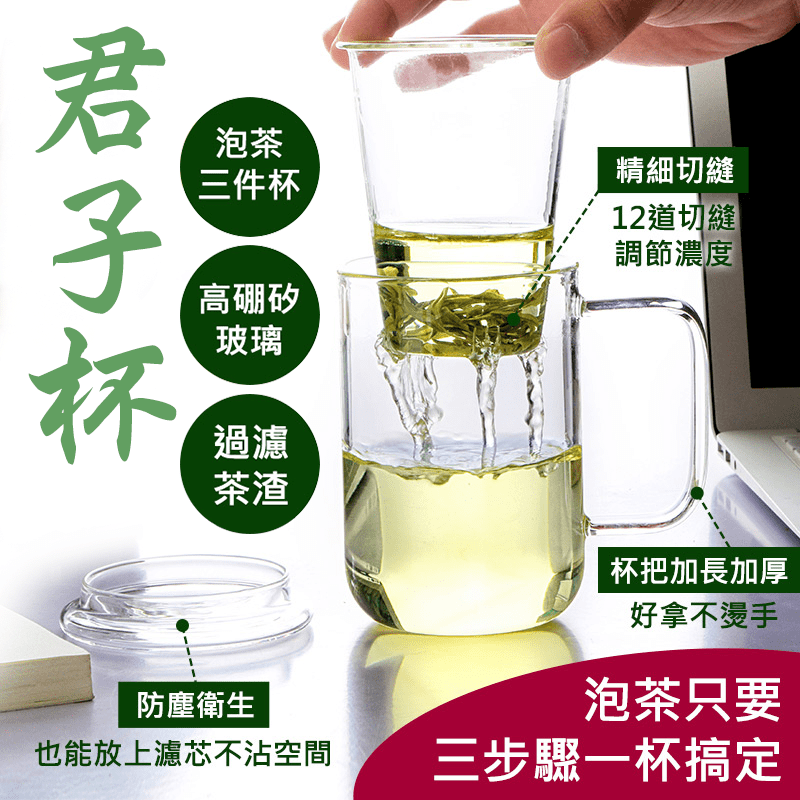 【RELEA 物生物】420ml君子耐熱玻璃三件式品茗泡茶杯(附濾芯)