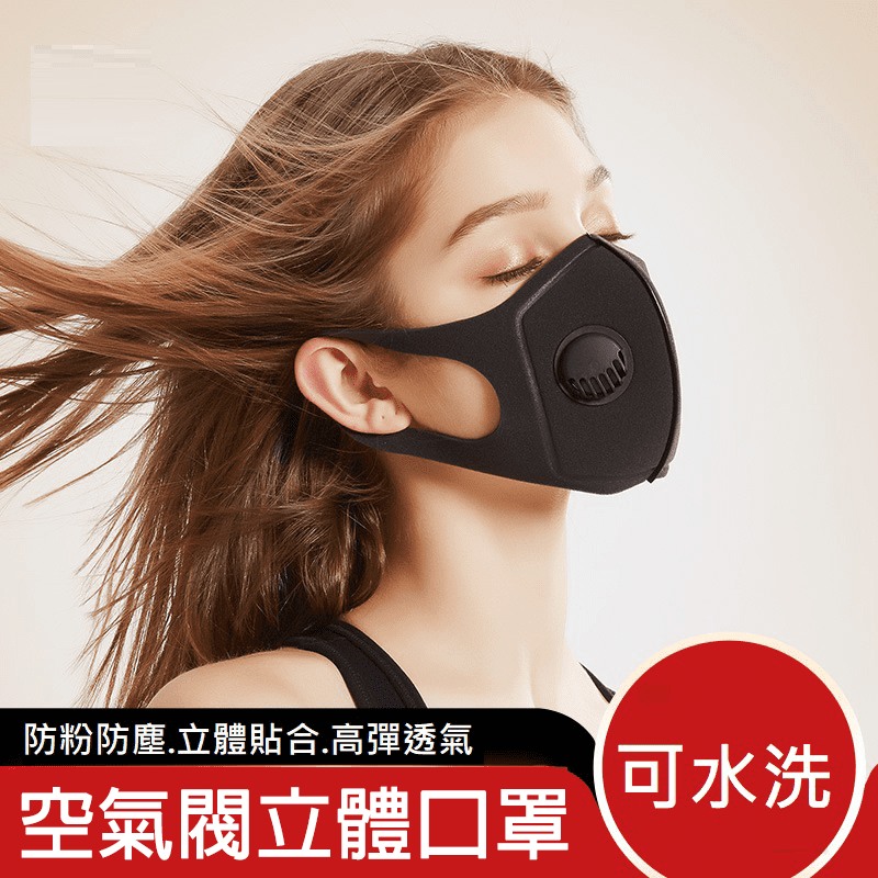 可水洗空氣閥立體口罩-黑
