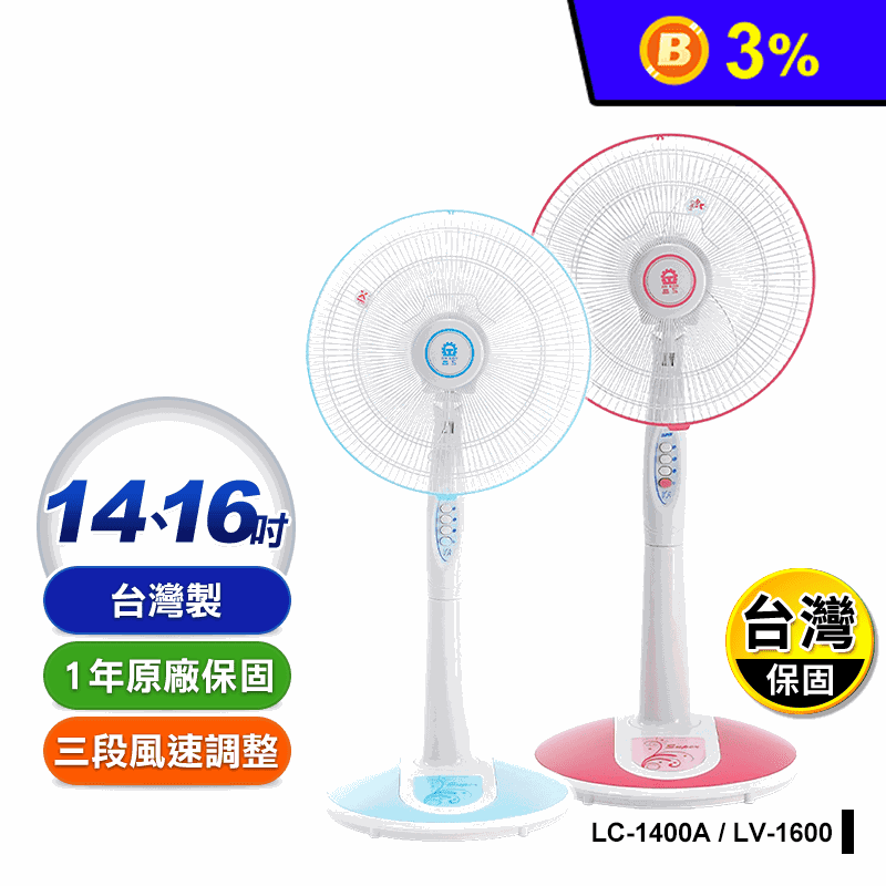 【晶工】台灣製14吋立扇 16吋立扇 電風扇(LC-1400A LV-1600)